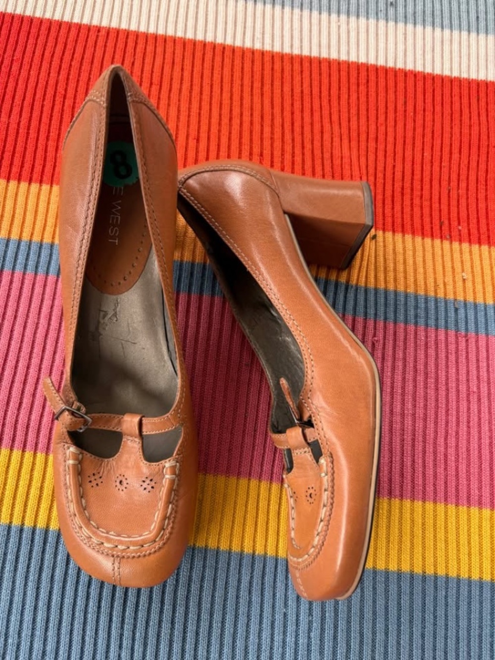 Vintage Brown Mary Jane Block Heel Shoes with Stitching Details